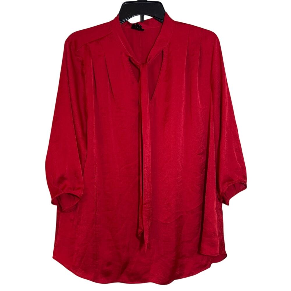 NWT Worthington Woman 0X Cabaret Red Silky 3/4 Sleeve Blouse Tie Neck Blouse